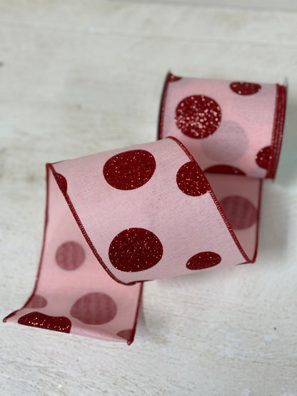 4 Inch By 10 Yard Pale Pink And Red Glitter Polka Dot Ribbon