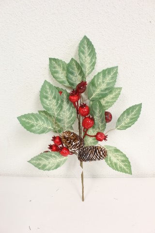16 Inch Red And Green Berry Pinecone With Leaves Pick