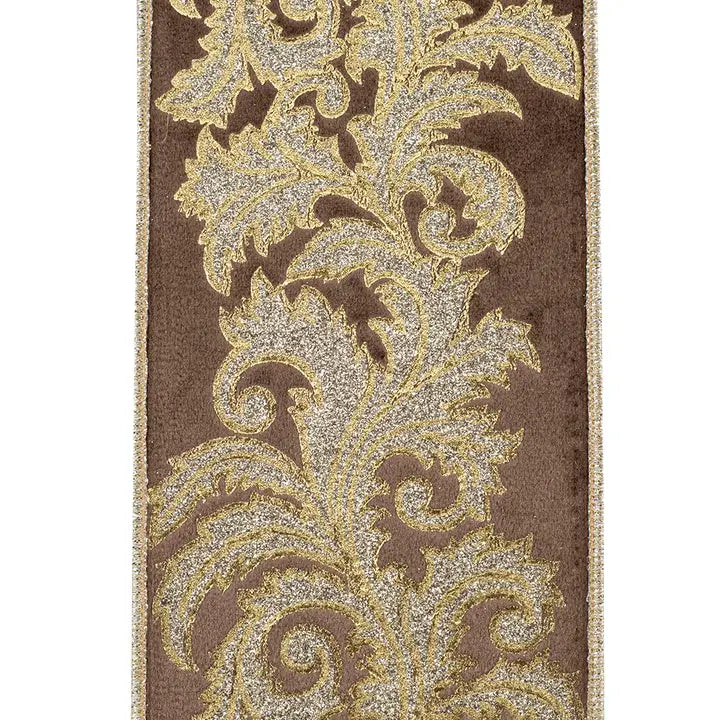 4 Inch By 5 Yard Brown And Champagne Shimmer Velvet Filagree Scroll Leaf Wired Ribbon
