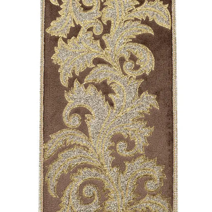 4 Inch By 5 Yard Brown And Champagne Shimmer Velvet Filagree Scroll Leaf Wired Ribbon