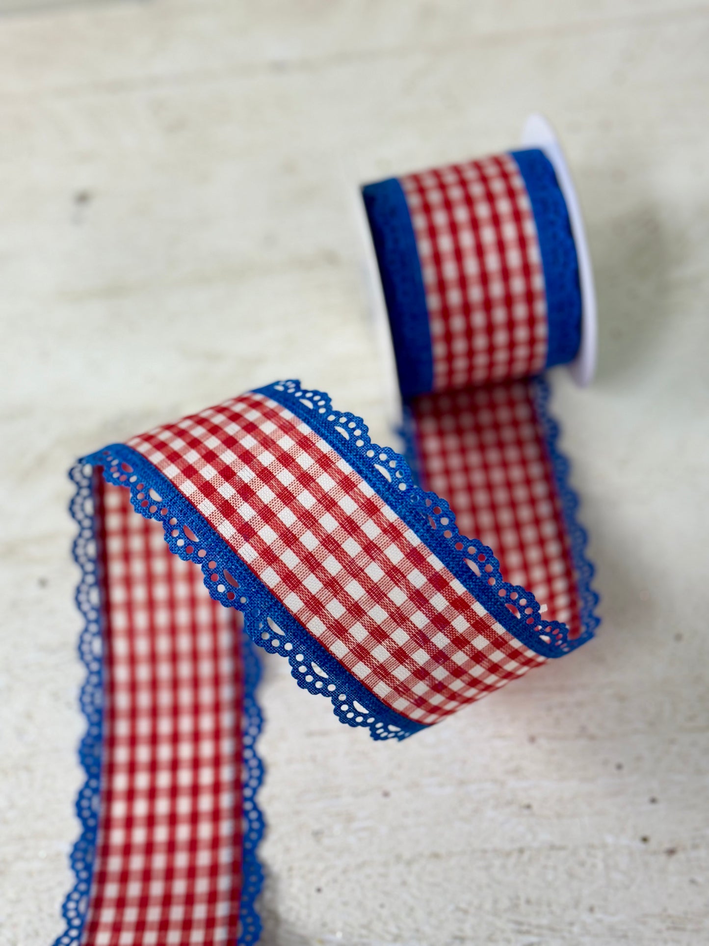 2.5 Inch By 10 Yard Red And White Gingham With Lace Blue Scalloped Edges Ribbon