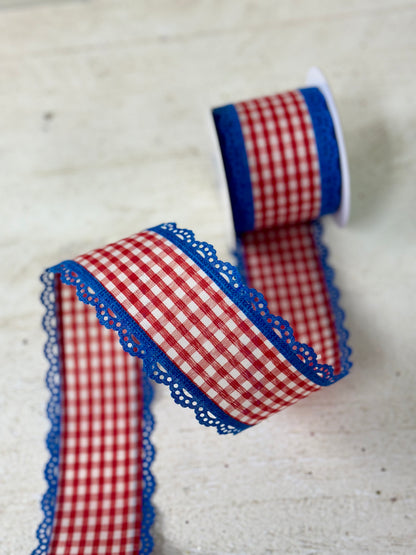 2.5 Inch By 10 Yard Red And White Gingham With Lace Blue Scalloped Edges Ribbon