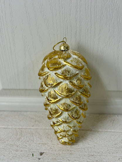 8 Inch Cream And Gold Metallic Pinecone Ornament