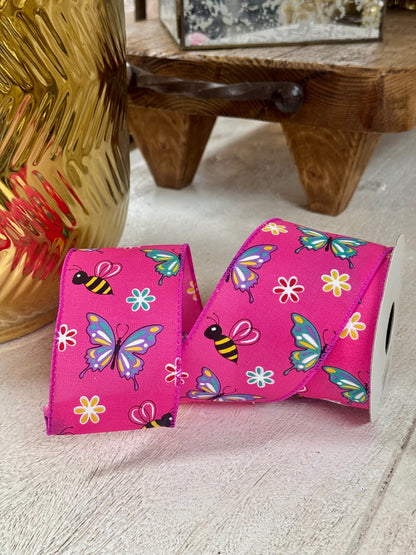2.5 Inch By 10 Yard Fuchsia Butterfly And Bees Ribbon