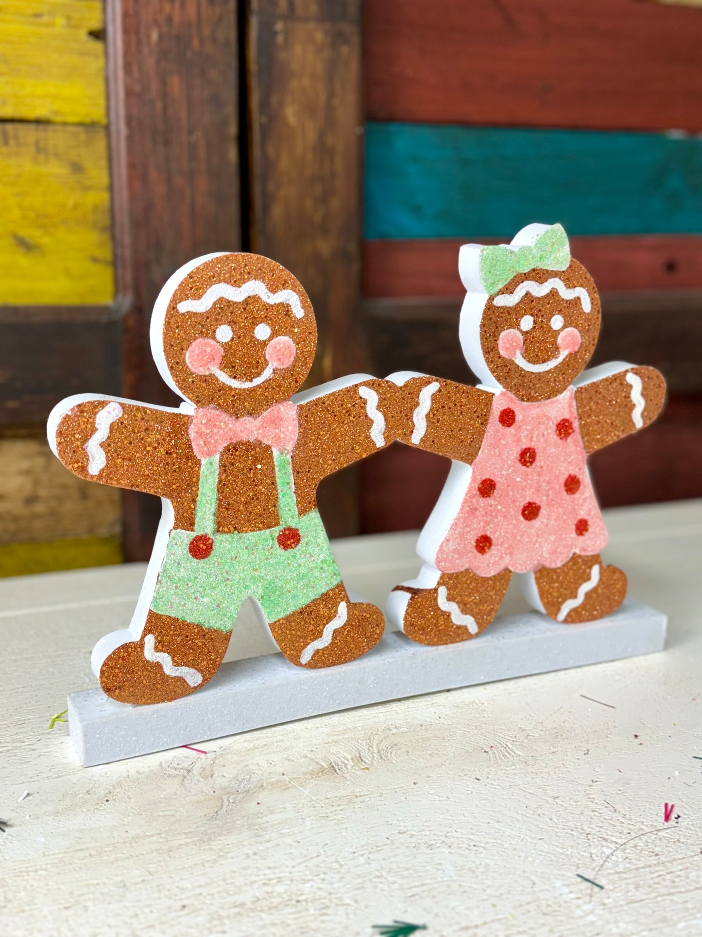 12 Inch Glitter Gingerbread Boy And Girl Sitter