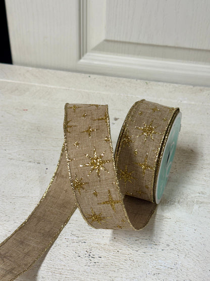 1.5 Inch By 10 Yard Natural And Gold Retro Stars Ribbon