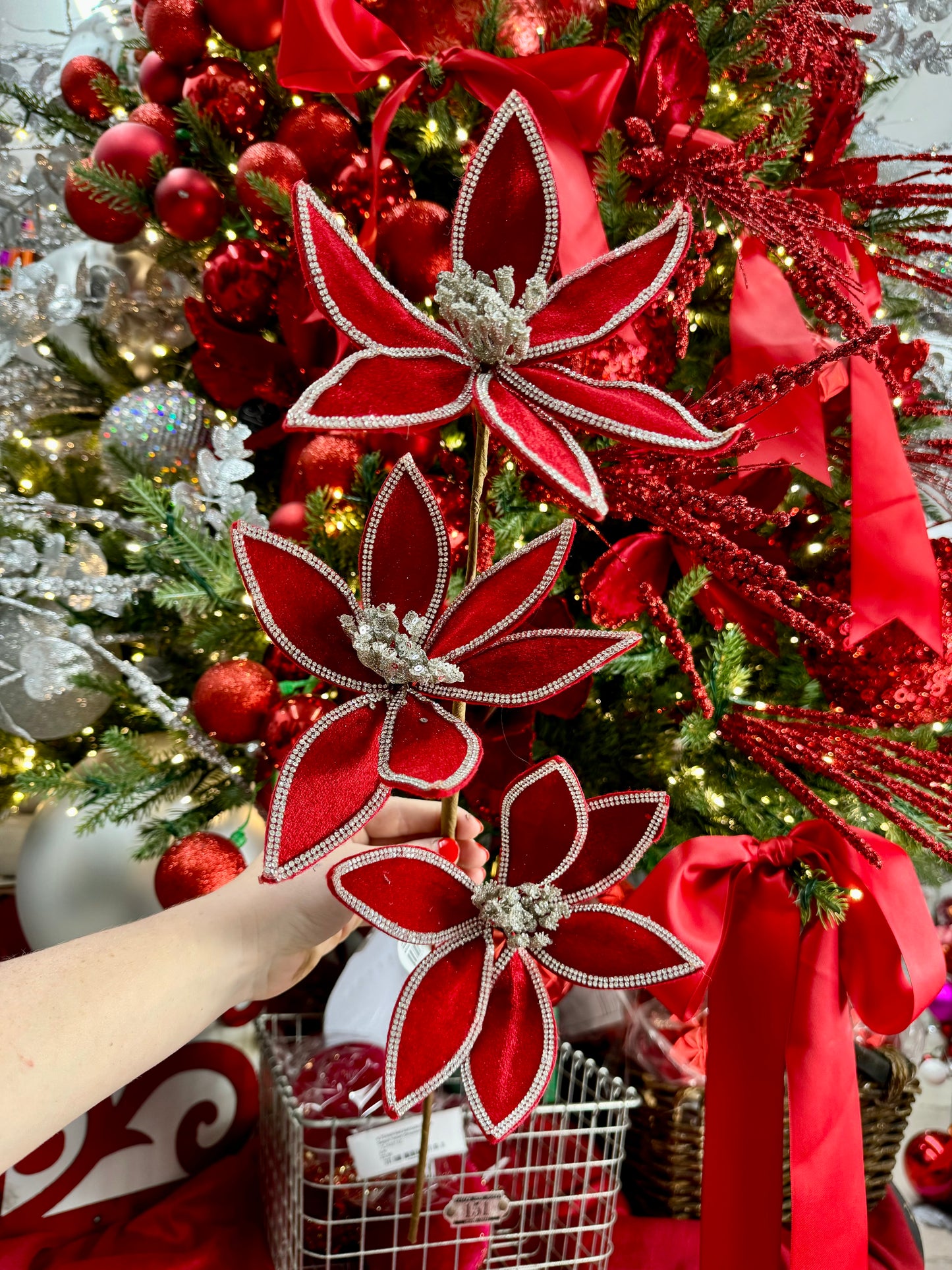 24 Inch Red Velvet Poinsettia Stem With Silver Jewels