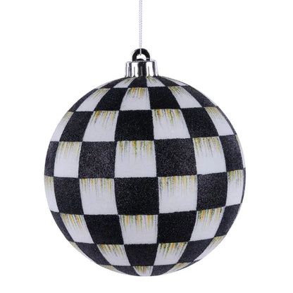 6 Inch Black And White Glitter Check Ornament