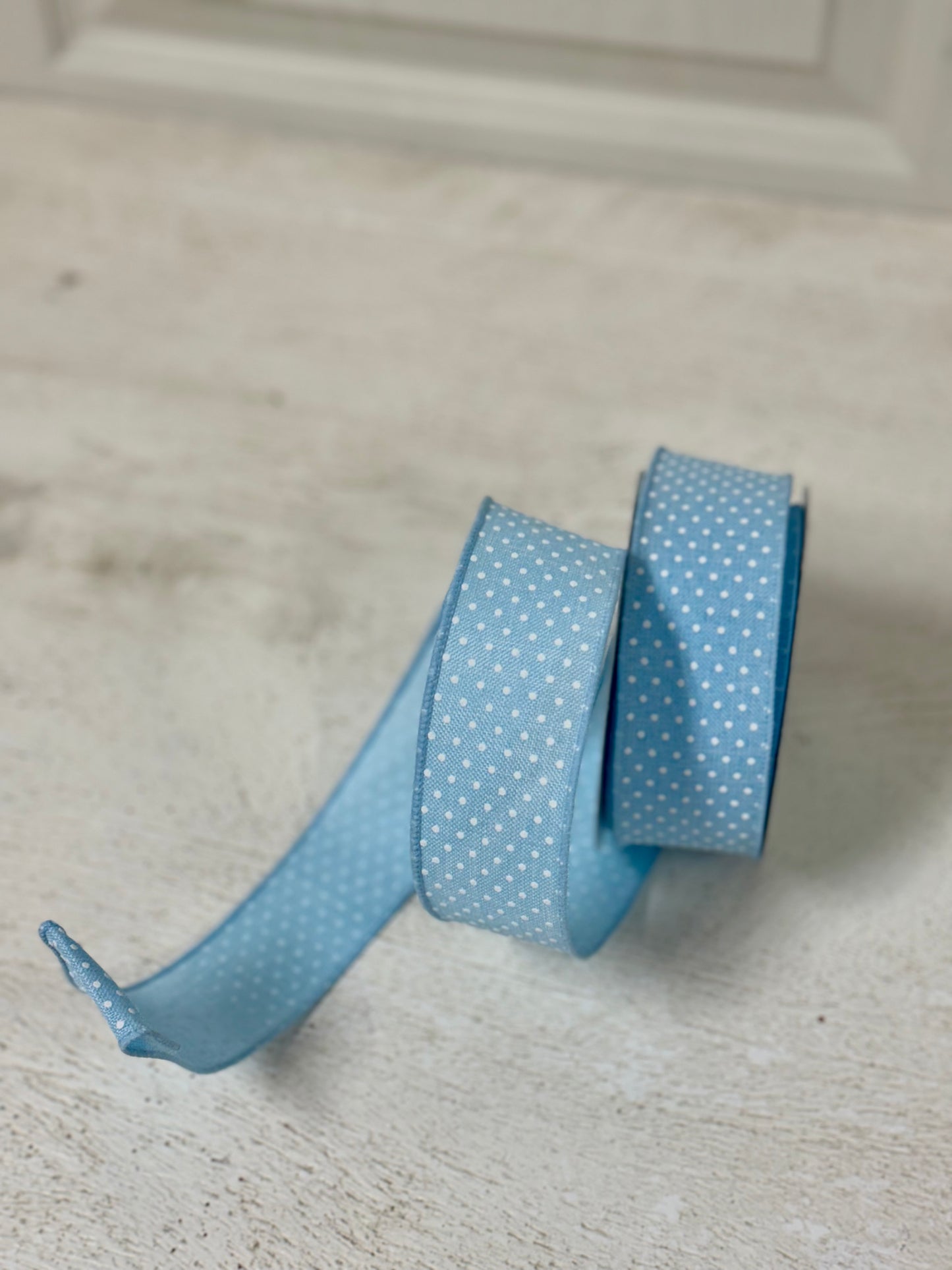 1.5 Inch By 10 Yard Pale Blue And White Raised Polka Dots Ribbon