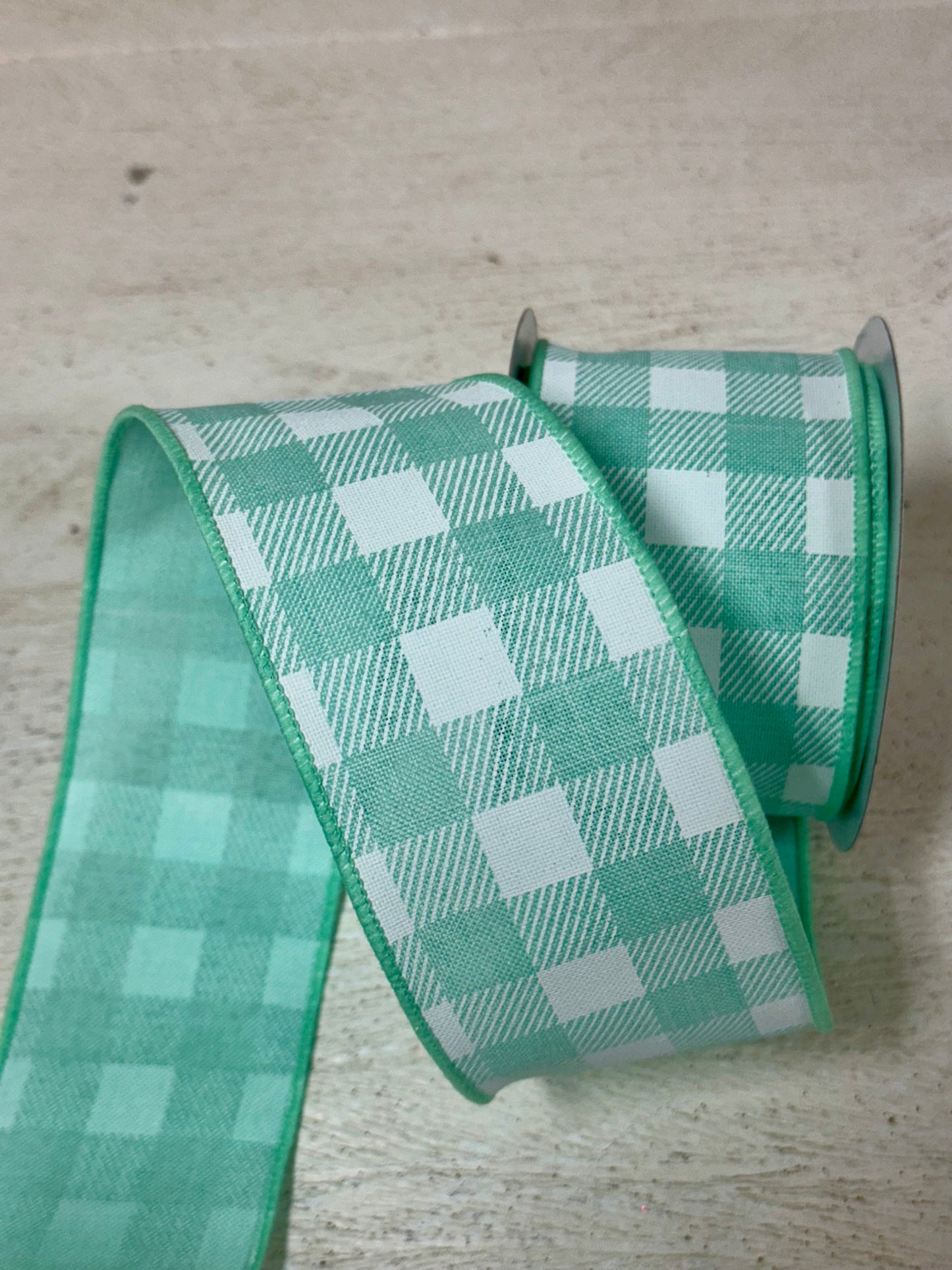 2.5 Inch By 10 Yard Mint Green And White Check Ribbon