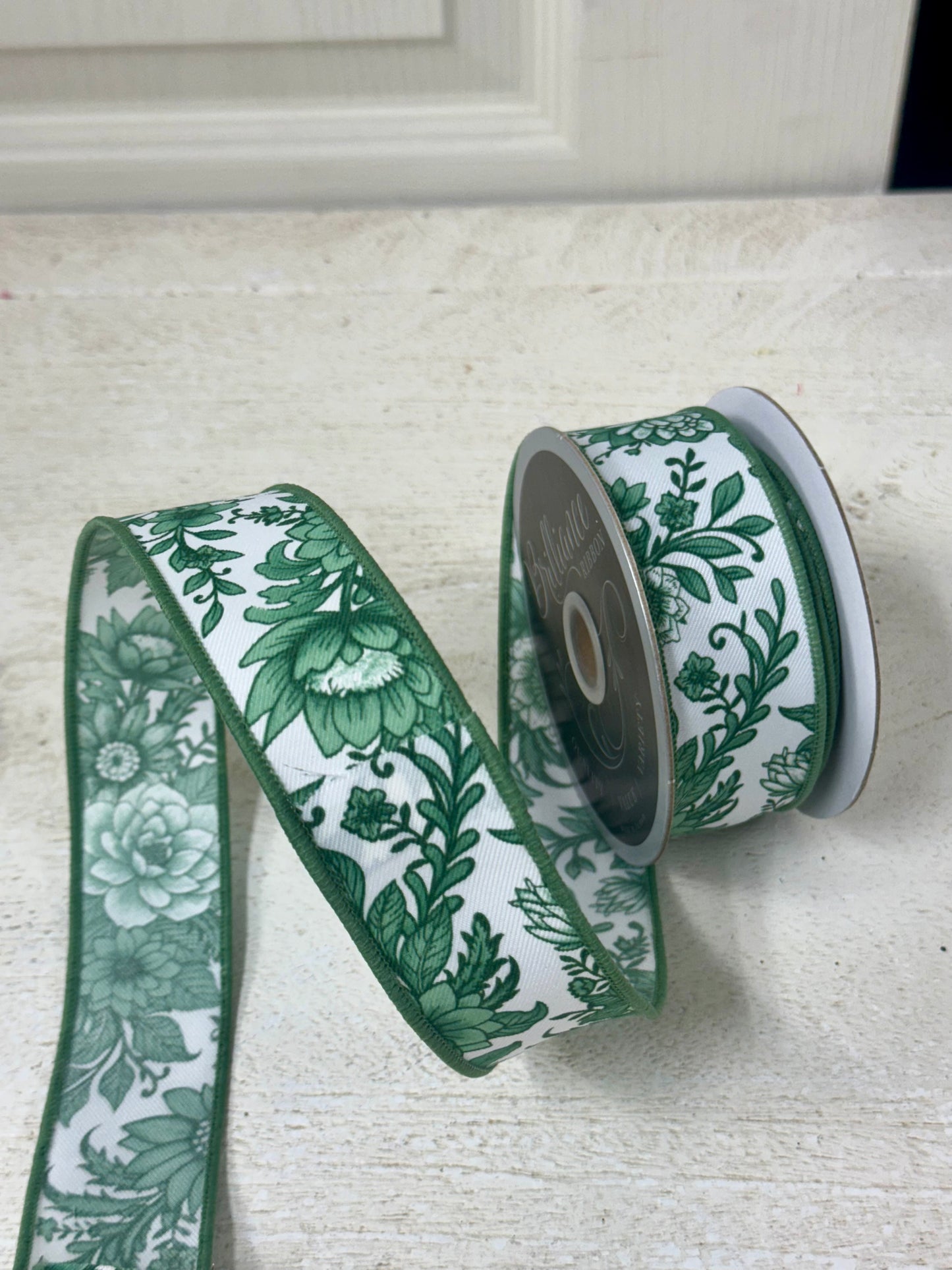 1.5 Inch By 10 Yard Sage And White Chinoiserie Florals Ribbon