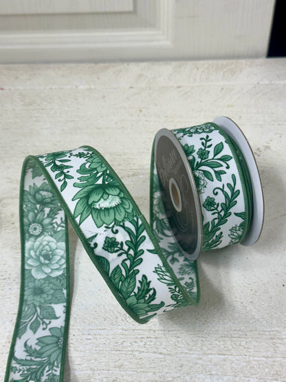 1.5 Inch By 10 Yard Sage And White Chinoiserie Florals Ribbon