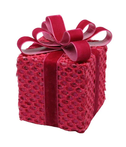 6.75 Inch Fuchsia Sequin Tinsel Gift Box Decoration