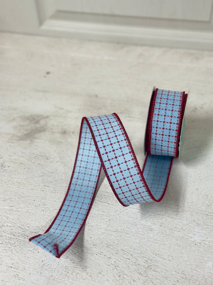 1.5 Inch By 10 Yard Pale Blue And Red Stitched Squares Ribbon