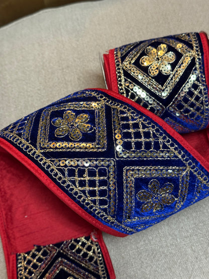 John Mark 4 Inch By 5 Yard Red And Blue Sequin Embroidered With Velvet Fused Piping Ribbon