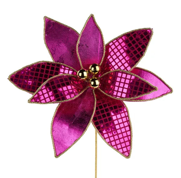 15 Inch Fuchsia And Gold Sequin Poinsettia Spray