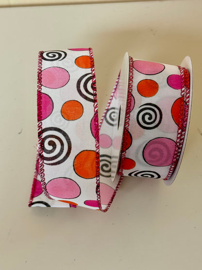 1.5 Inch By 10 Yard Orange And Pink Polka Dots With Black Swirls Ribbon