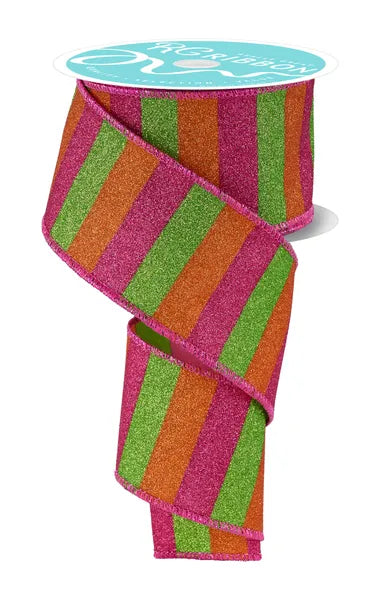 2.5 Inch By 10 Yard Hot Pink Orange And Lime Horizontal Glitter Stripes Ribbon