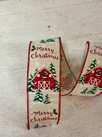 2.5 Inch By 10 Yards Merry Christmas Barn Ribbon