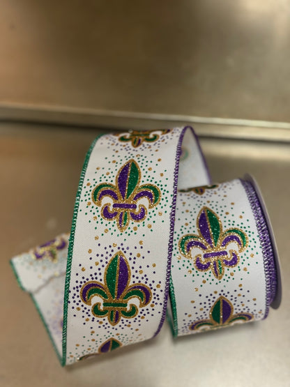 2.5 Inch By 10 Yard Fleur De Lis White Background Ribbon