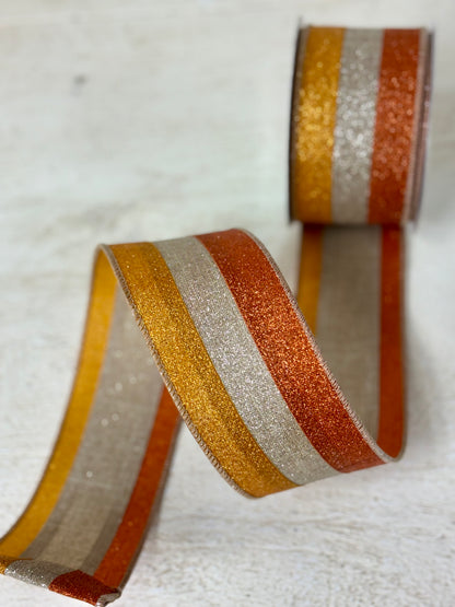 2.5 Inch By 10 Yard Pumpkin Taupe Mustard Striped Ribbon