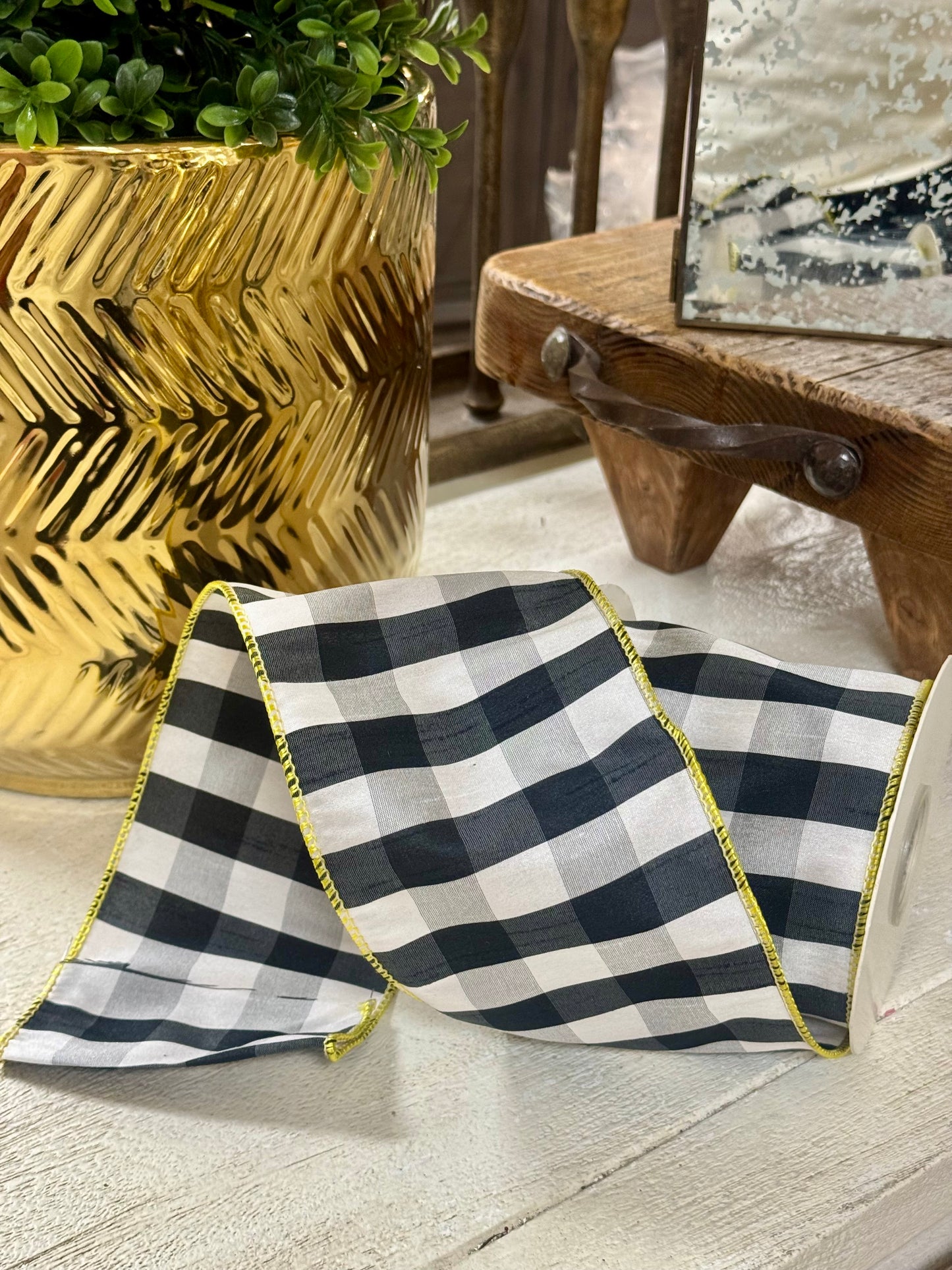 4 Inch By 10 Yard Black And White Gingham With Yellow Edging Ribbon