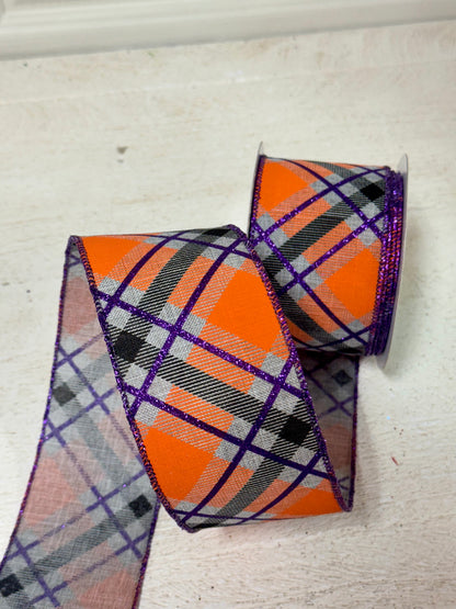 2.5 Inch By 10 Yard Light Grey Purple Orange Diagonal Plaid Ribbon