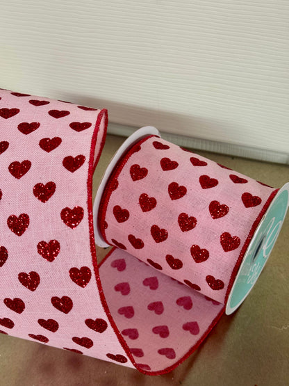 4 Inch By 10 Yard Pink And Red Glitter Heart Ribbon