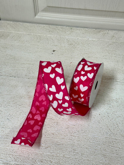 1.5 Inch By 10 Yard Hot Pink And White Heart Ribbon