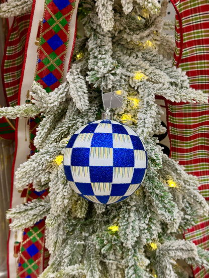 4 Inch Blue And White Glitter Check Ornament