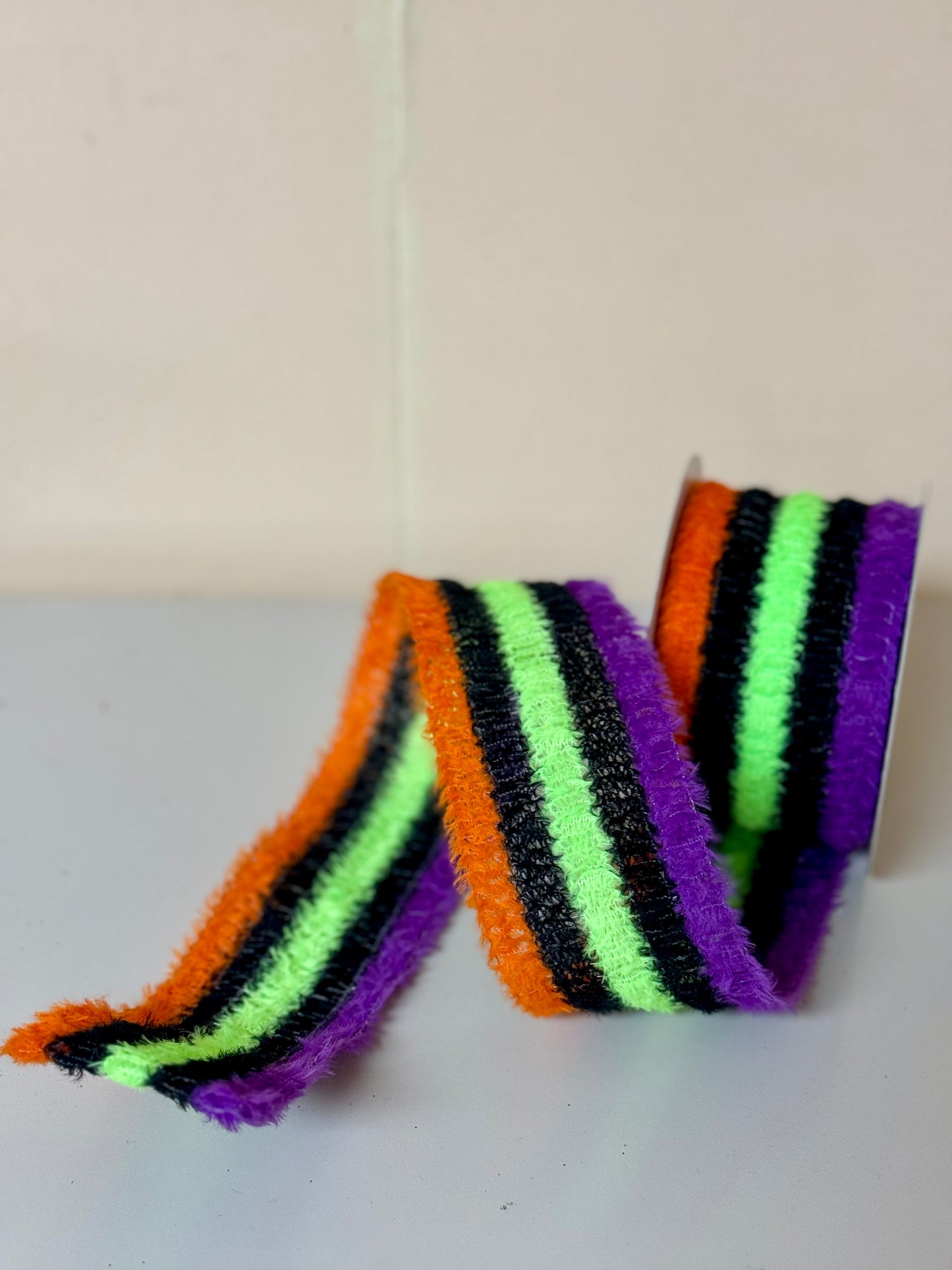 2.5 Inch By 10 Yard Black Green Orange And Purple Fuzzy Striped Ribbon