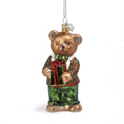 5 Inch Bear Kid With Presents Glass Ornament