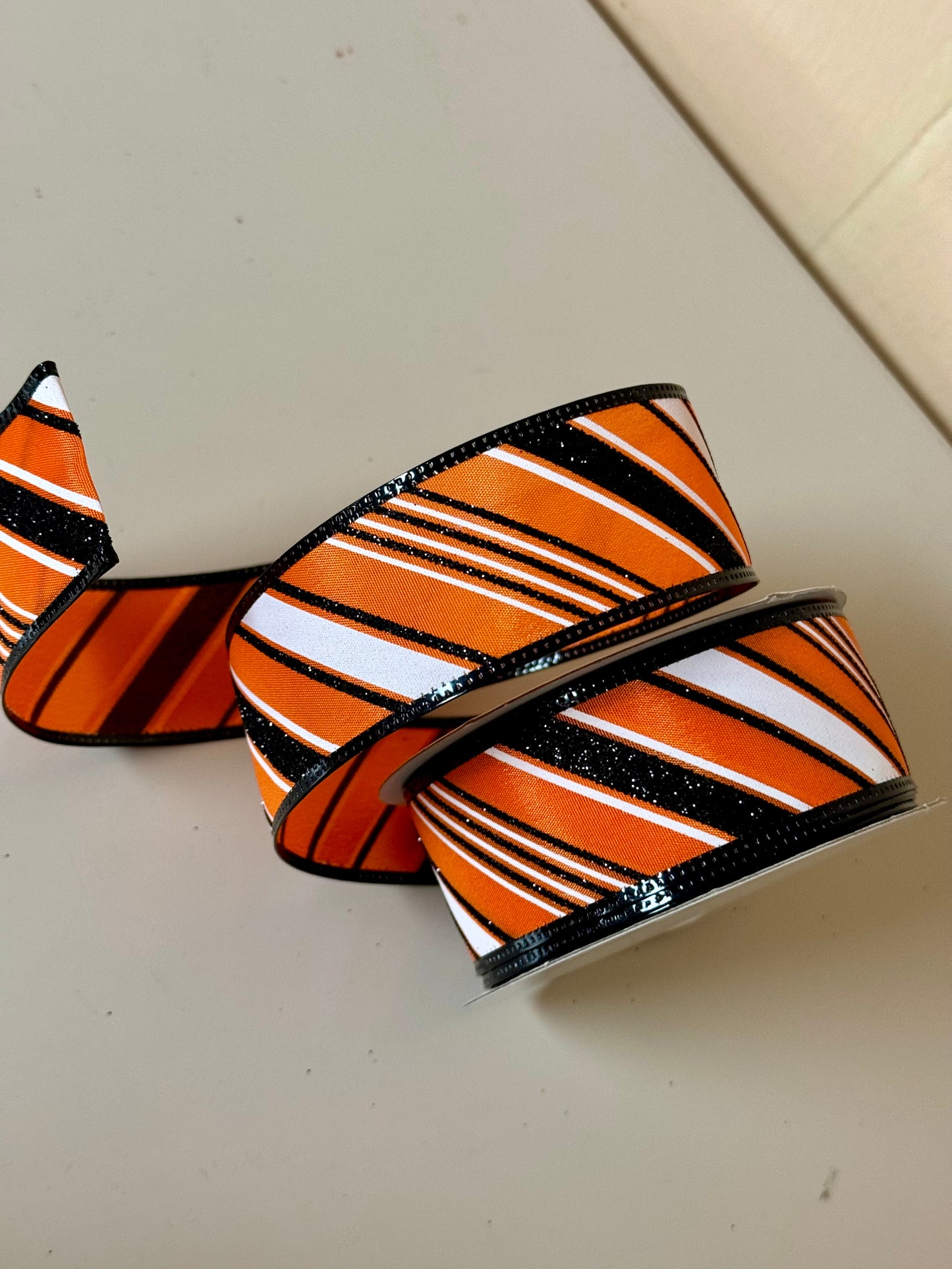 1.5 Inch By 10 Yard Orange And Black Striped Ribbon