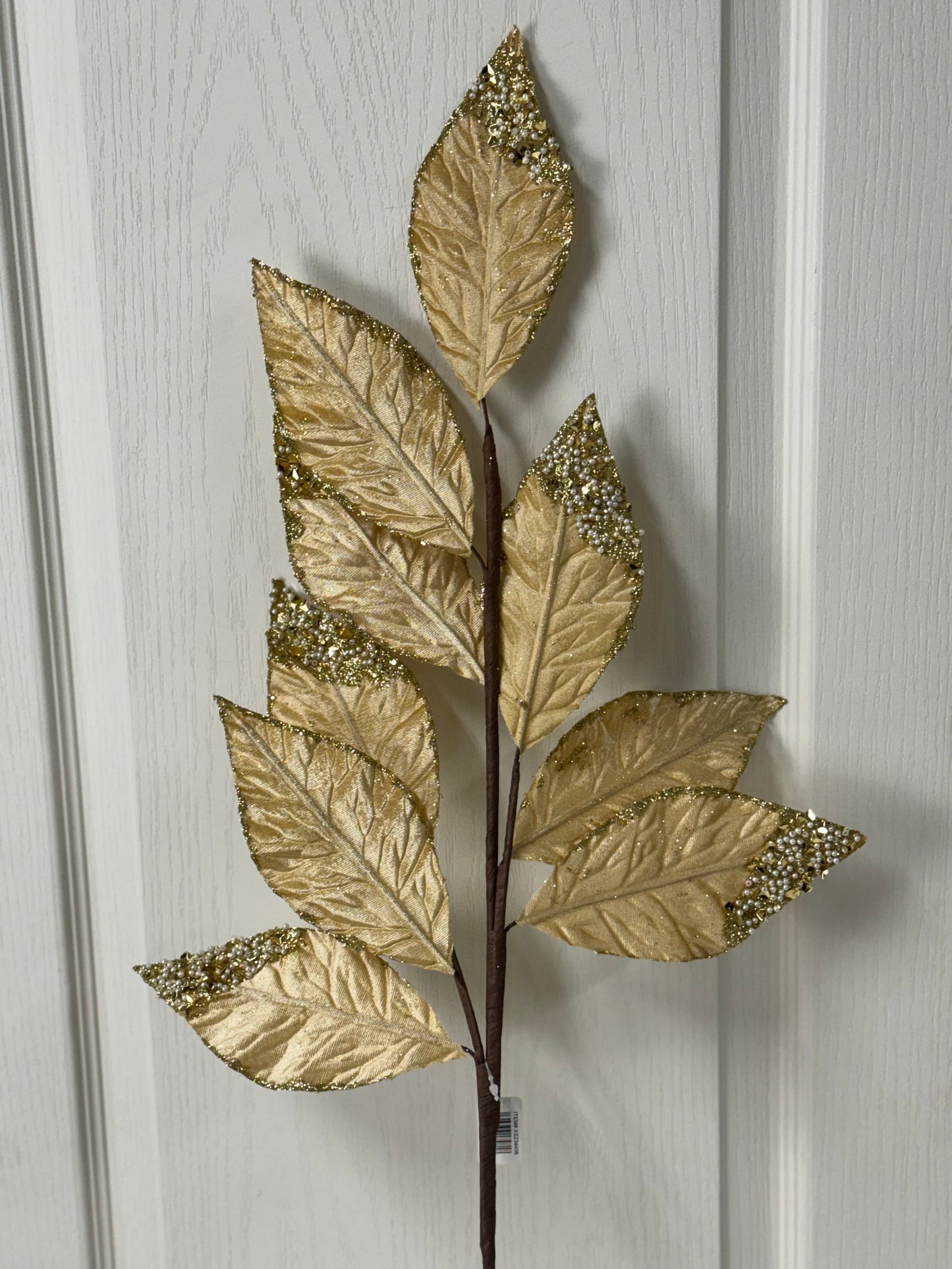 31.5 Inch Gold Pressed Velvet Glitter Leaf Spray With Pearls