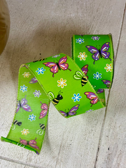 2.5 Inch By 10 Yard Green Butterfly And Bees Ribbon