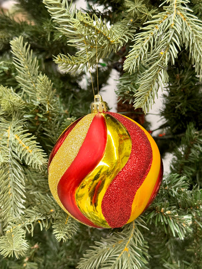 4 Inch Red And Gold Swirl Stripe Ornament Ball