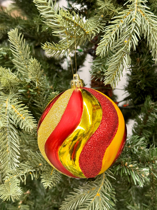 4 Inch Red And Gold Swirl Stripe Ornament Ball