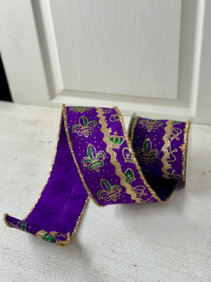 4 Inch By 10 Yard 3 In 1 Glittered Fleur De Lis Ribbon