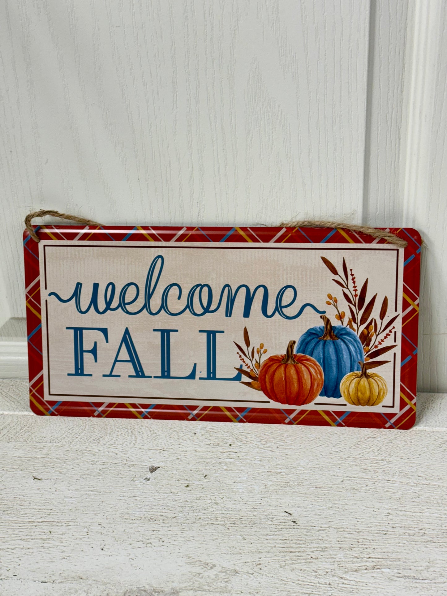 12 Inch Cream Blue Orange Welcome Fall Tin Sign