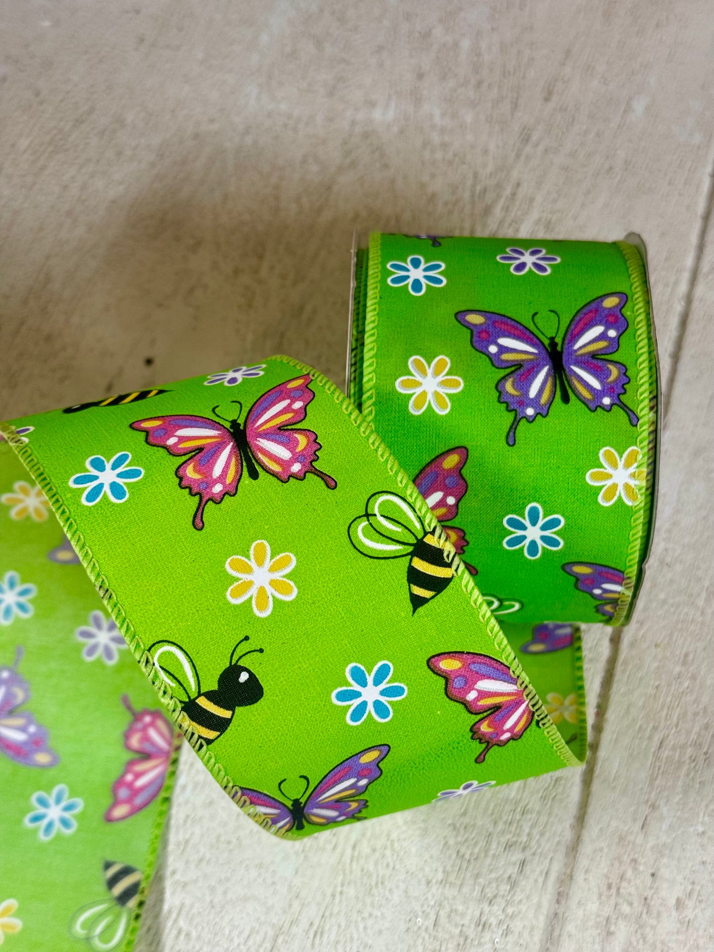 2.5 Inch By 10 Yard Green Butterfly And Bees Ribbon