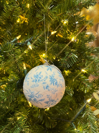 4.25 Inch Blue And White Vintage Floral Felt Ornament Ball