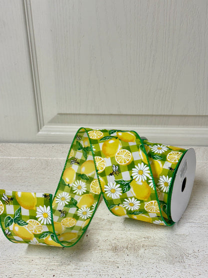2.5 Inch By 10 Yard Green And Yellow Lemons Daisies And Bees Ribbon