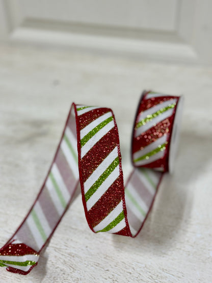 1.5 Inch By 10 Yard Red And Lime Green Glitter Striped Ribbon