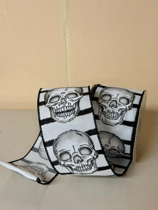 2.5 Inch By 10 Yard Black And White Skull Head Ribbon