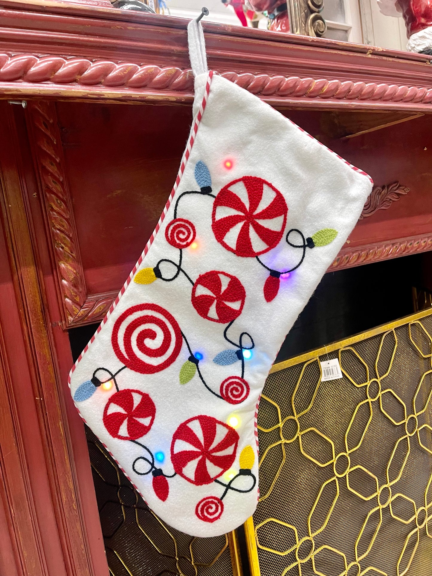 Peppermint Candy And Christmas Light Up Fabric Hanging Stocking