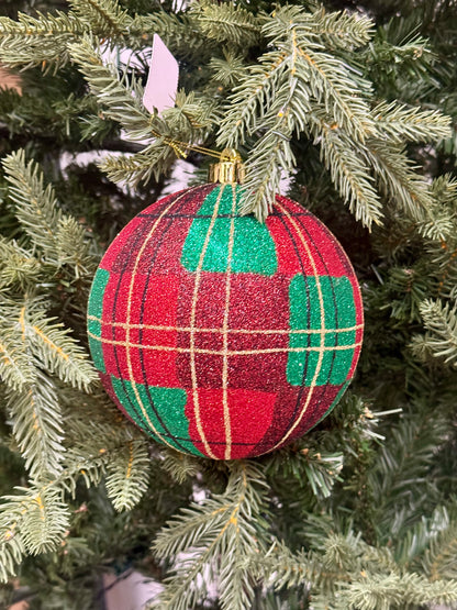 6 Inch Traditional Christmas Plaid Glitter Ornament Ball