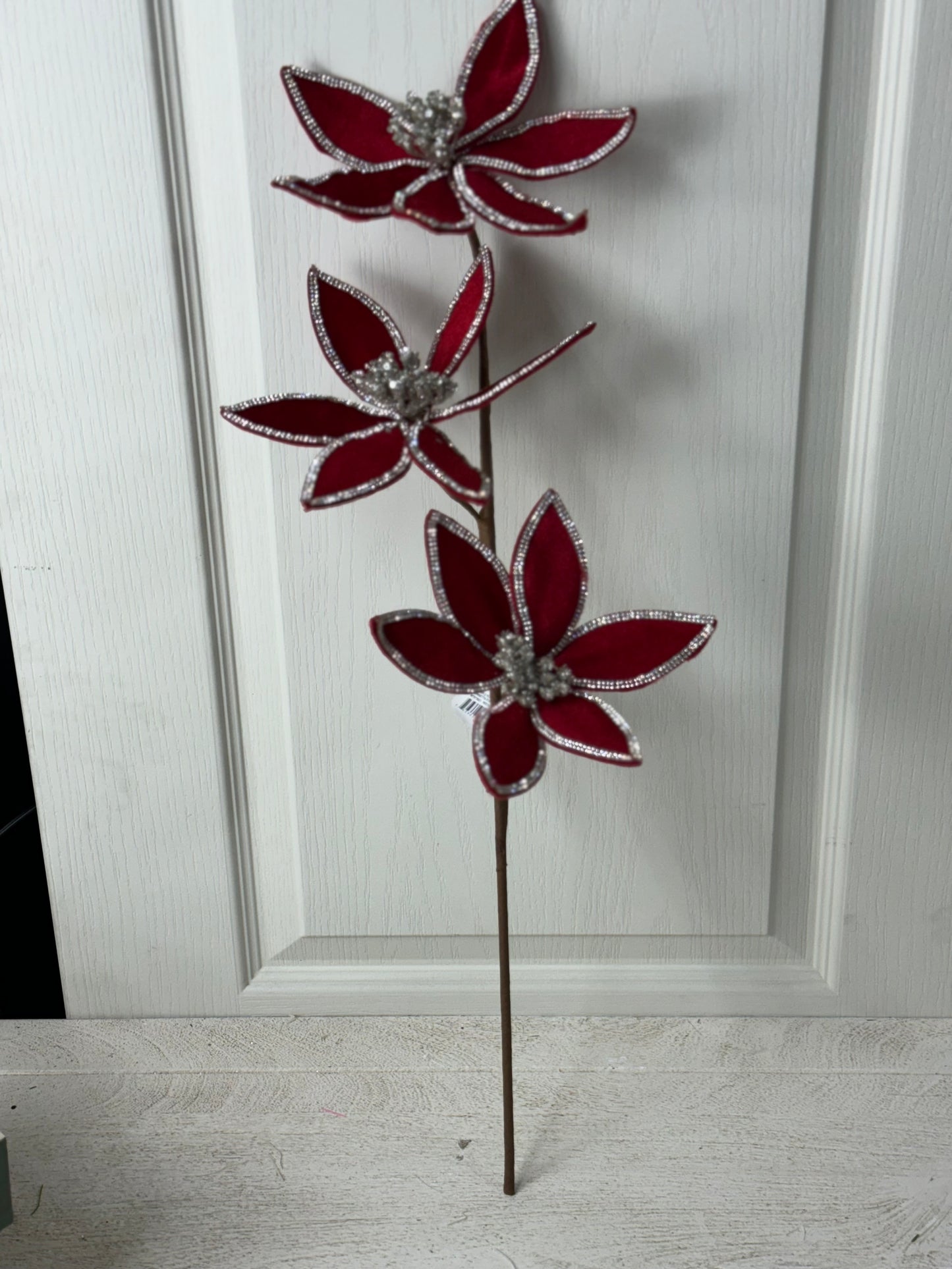 24 Inch Red Velvet Poinsettia Stem With Silver Jewels