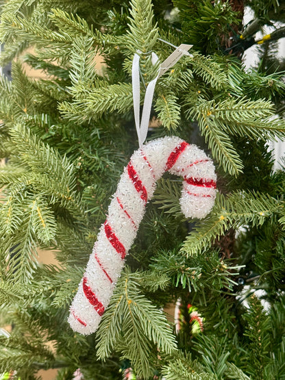 7 Inch Red And White Tinsel Candy Cane Ornament