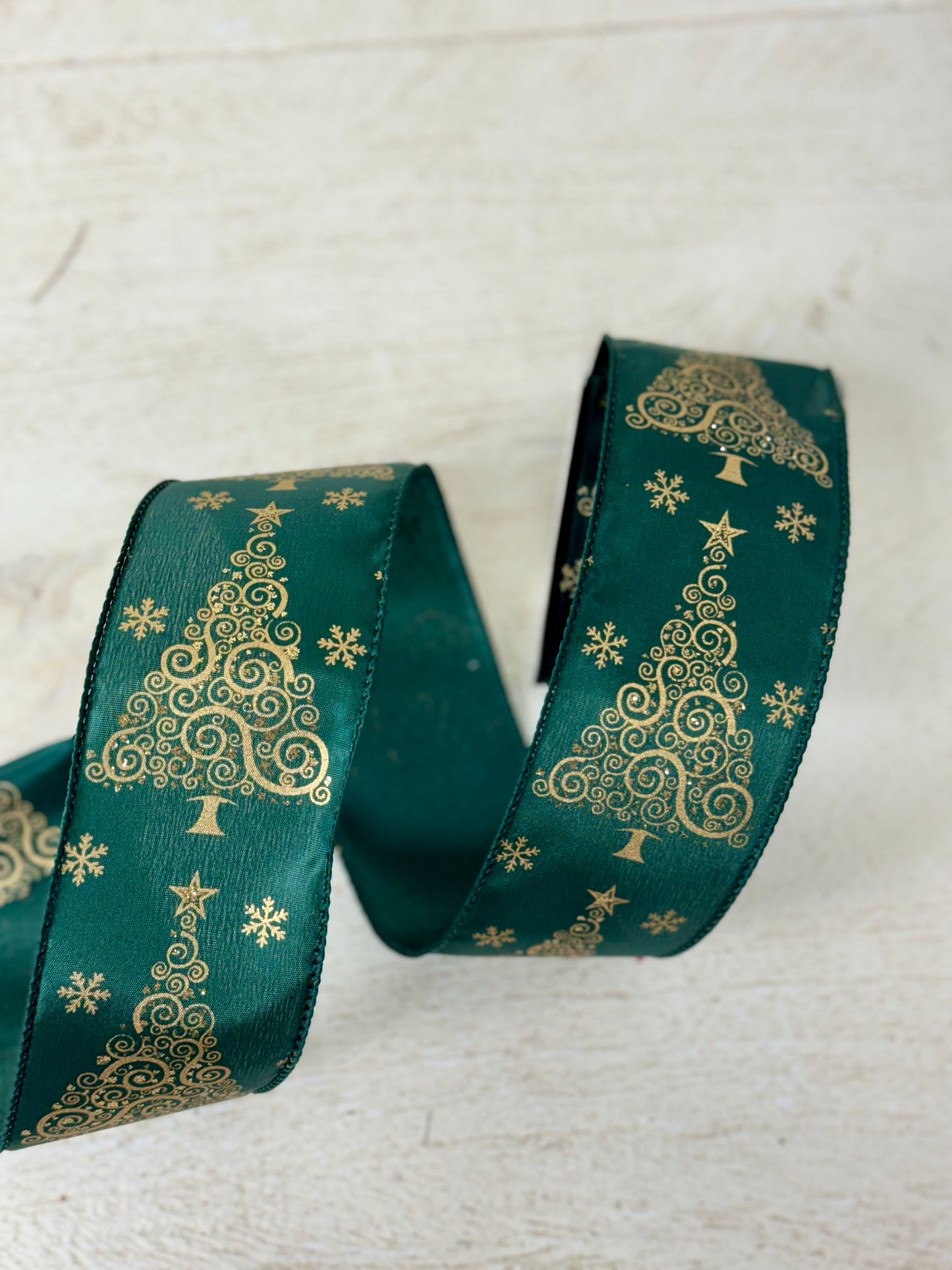 2.5 Inch By 10 Yard Hunter Green And Gold Christmas Tree Ribbon