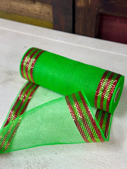 10 Inch By 10 Yard Lime And Red Border Stripe Metallic Mesh